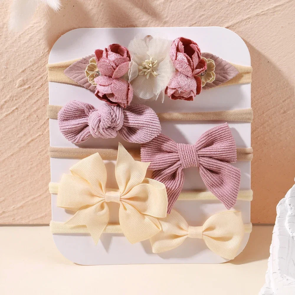 5 unids/lote, diadema elástica de nailon para bebé, banda para la cabeza con lazo de encaje y flores para recién nacido, accesorios suaves para el cabello para niña pequeña