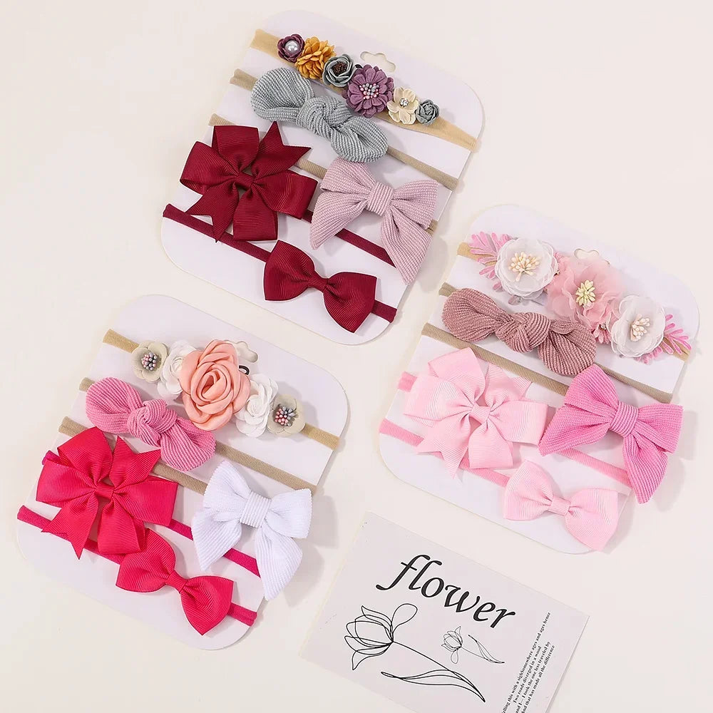 5 unids/lote, diadema elástica de nailon para bebé, banda para la cabeza con lazo de encaje y flores para recién nacido, accesorios suaves para el cabello para niña pequeña