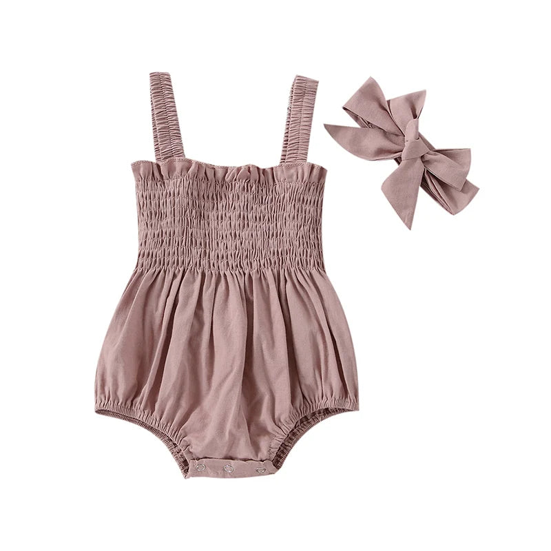 Pelele fruncido para bebé niña, ropa informal sin mangas para recién nacido con diadema, mono de verano, traje bonito para niño pequeño