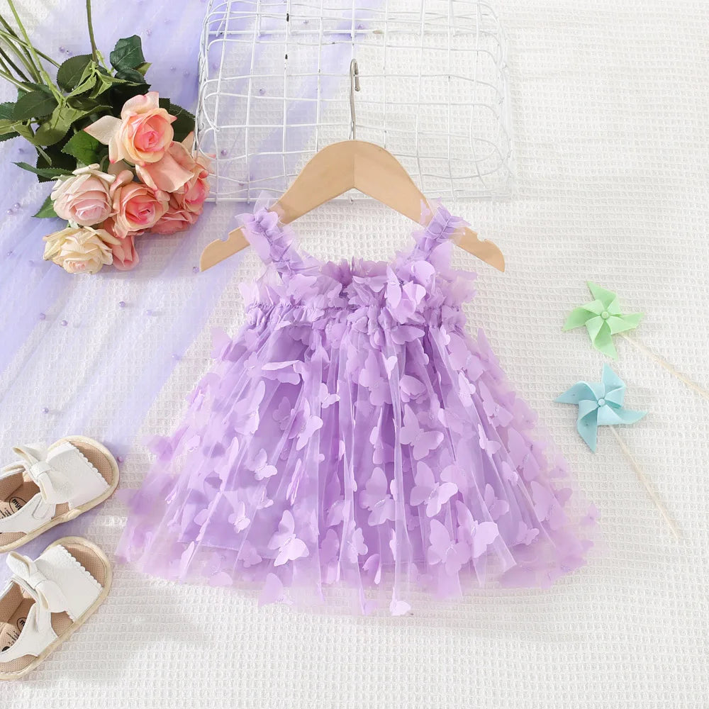 (0-3 años) novedad de verano, vestido para niñas, Color sólido, Halter, mariposa adornada, falda acampanada, vestido de princesa dulce de malla