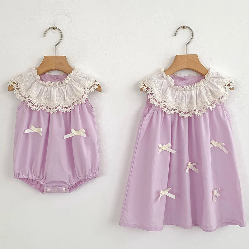 Vestido de encaje con cuello de pétalo para hermanas, peleles para bebés, ropa para niñas, vestido de princesa para fiesta con lazo, ropa dulce y bonita para niños