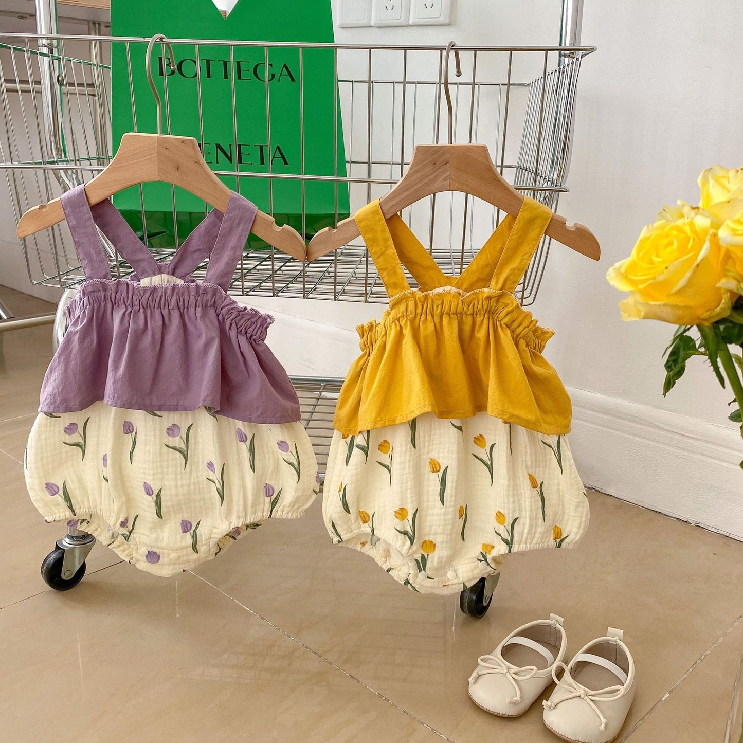 Baby Girl Floral Pattern Sling Cotton Onesies-1