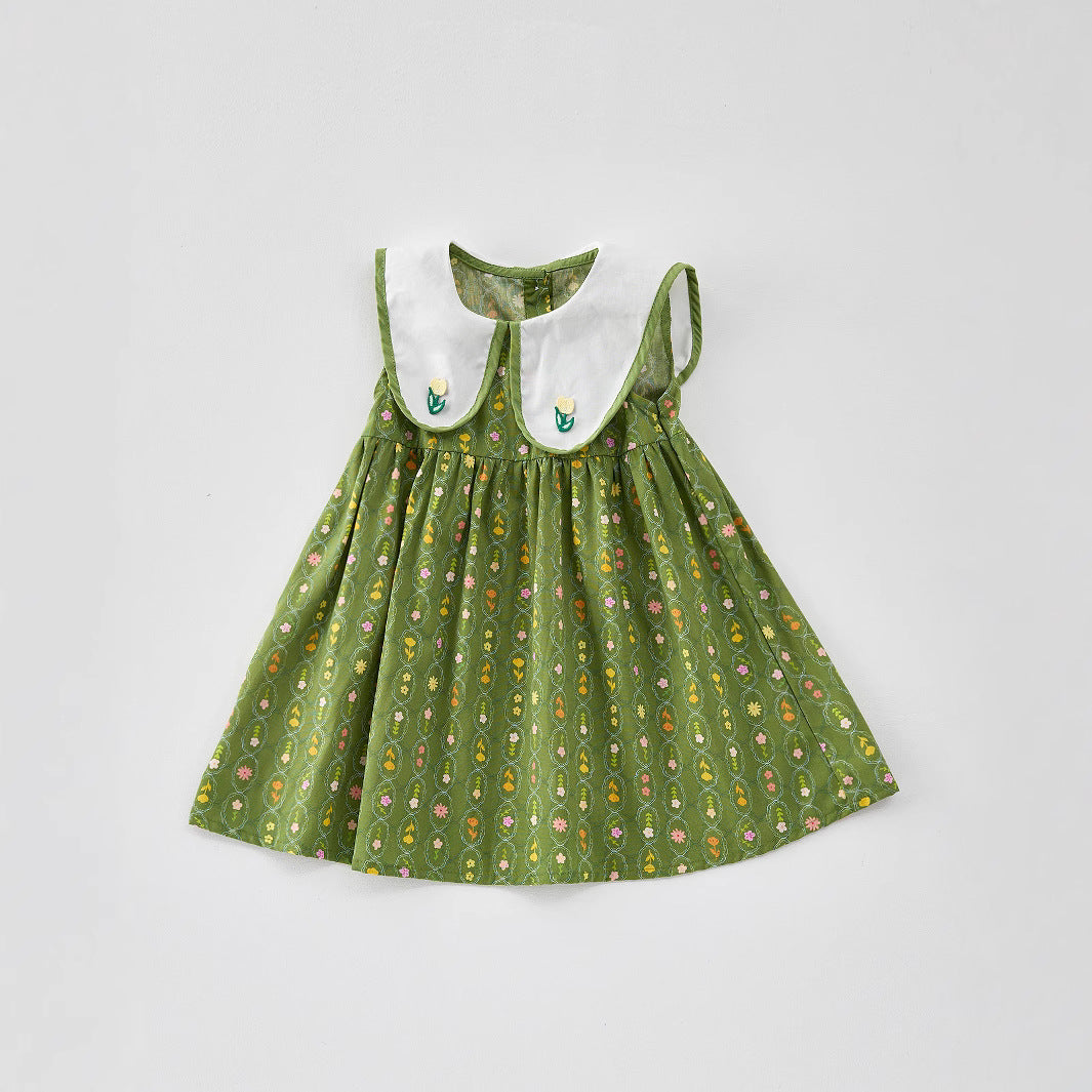 Summer Baby Kids Girls Floral Sleeveless Embroidery Collar Dress-1