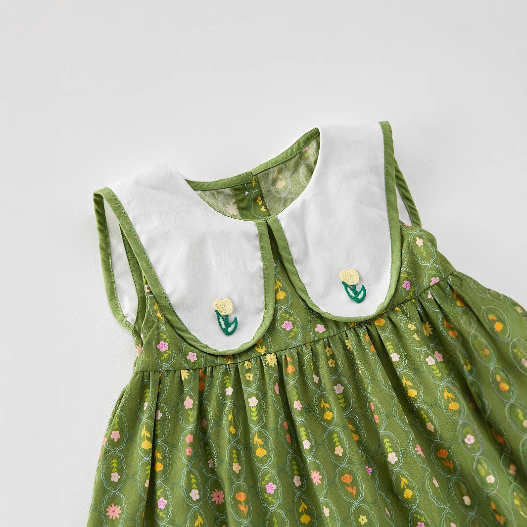 Summer Baby Kids Girls Floral Sleeveless Embroidery Collar Dress-2