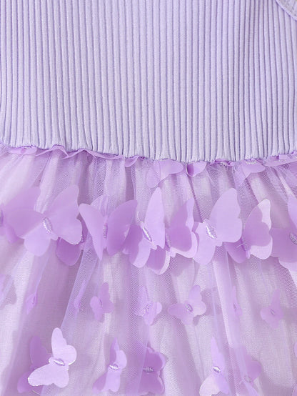 Ropa de verano para niños y niñas, vestido camisola empalmado de malla con decoración de mariposas para bebés, vestido elegante de princesa sin mangas