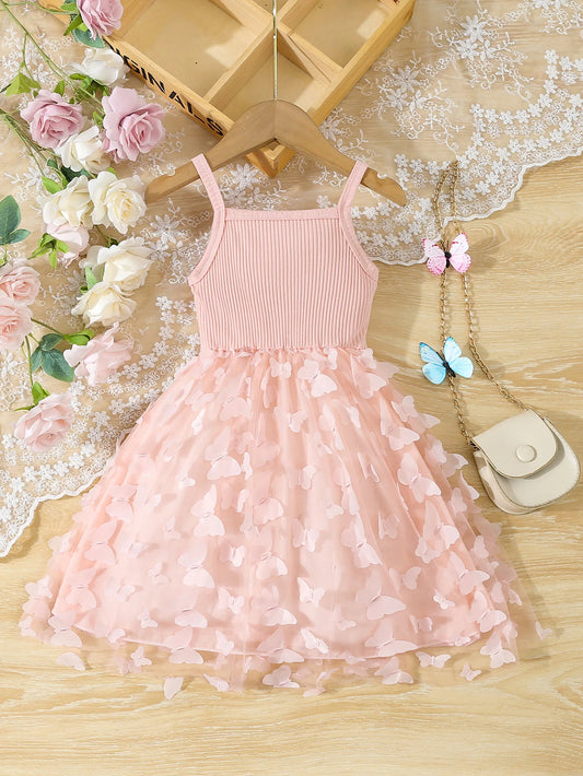 Ropa de verano para niños y niñas, vestido camisola empalmado de malla con decoración de mariposas para bebés, vestido elegante de princesa sin mangas
