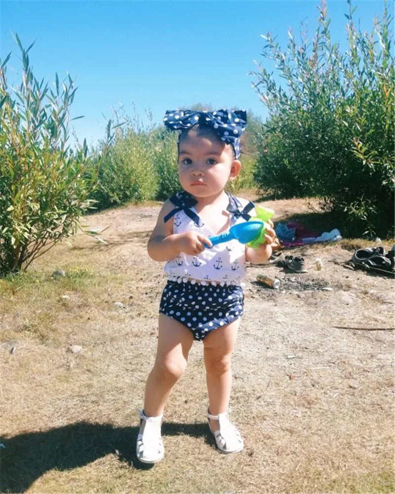 0-24m Baby Girls 3pcs Set Sleeveless Sling Polka Print Girls Tops Blue Polka Dot Shorts Outfits Headband Baby Girls Clothes Set