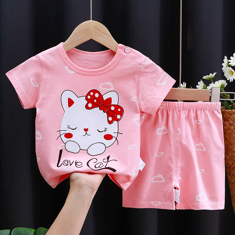 Conjunto de ropa para niños, camiseta para bebé (niña + Pantalones cortos, ropa de verano, chándal informal de algodón con dibujos animados para niños, conjunto de ropa para bebés