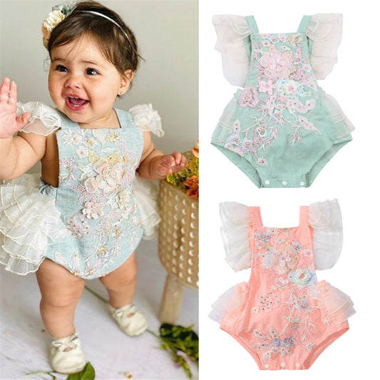 Pelele bordado de encaje para niñas pequeñas de princesa, mono sin espalda con volantes y mangas con mosca, pelele de verano de 0 a 24M