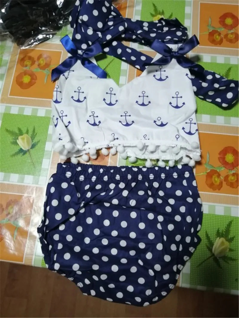 0-24m Baby Girls 3pcs Set Sleeveless Sling Polka Print Girls Tops Blue Polka Dot Shorts Outfits Headband Baby Girls Clothes Set