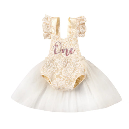 Vestido mameluco de cumpleaños para niñas pequeñas con costuras de malla, monos de encaje florales con estampado de una letra, disfraz de princesa de verano