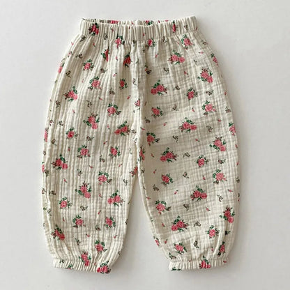 Ropa de verano para bebés, pantalones de lino para niñas, pantalones con estampado dulce, pantalones casuales para niños