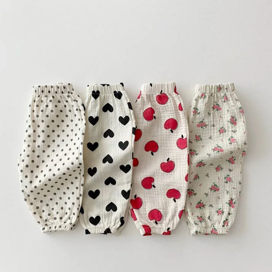 Ropa de verano para bebés, pantalones de lino para niñas, pantalones con estampado dulce, pantalones casuales para niños