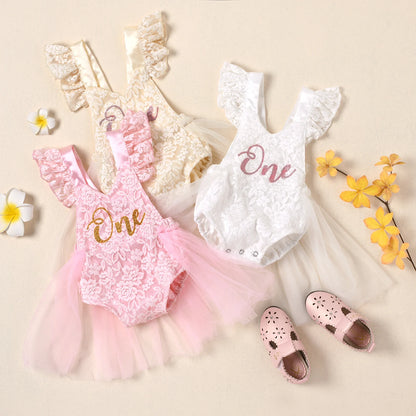 Vestido mameluco de cumpleaños para niñas pequeñas con costuras de malla, monos de encaje florales con estampado de una letra, disfraz de princesa de verano