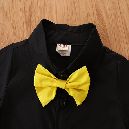 Trajes de caballero para bebés y niños pequeños, camisa de solapa con pajarita de manga corta de verano + conjunto de pantalones cortos con pechera 9M-5T