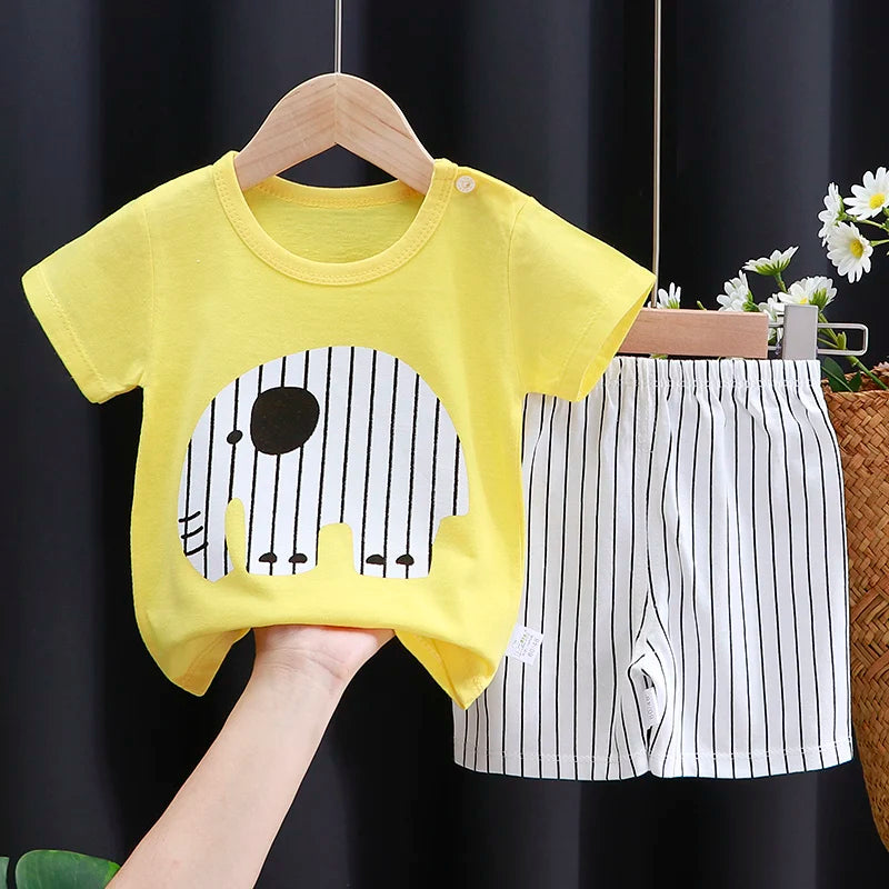 Conjunto de ropa para niños, camiseta para bebé (niña + Pantalones cortos, ropa de verano, chándal informal de algodón con dibujos animados para niños, conjunto de ropa para bebés