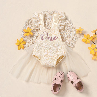 Vestido mameluco de cumpleaños para niñas pequeñas con costuras de malla, monos de encaje florales con estampado de una letra, disfraz de princesa de verano