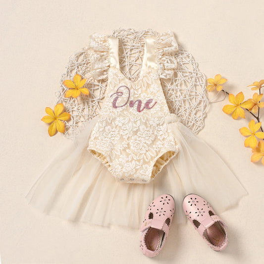 Vestido mameluco de cumpleaños para niñas pequeñas con costuras de malla, monos de encaje florales con estampado de una letra, disfraz de princesa de verano