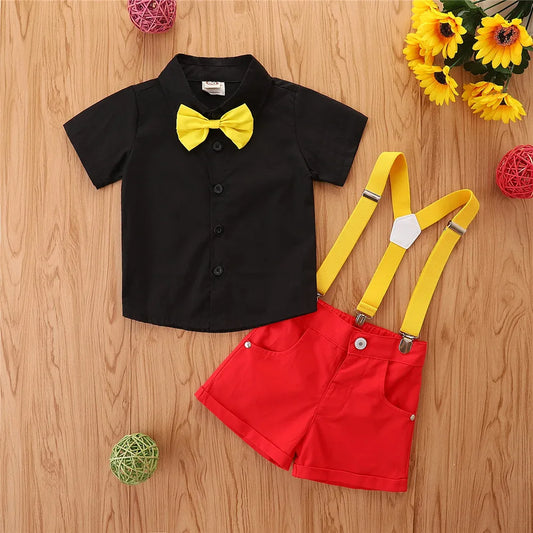 Trajes de caballero para bebés y niños pequeños, camisa de solapa con pajarita de manga corta de verano + conjunto de pantalones cortos con pechera 9M-5T