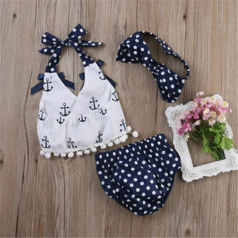 0-24m Baby Girls 3pcs Set Sleeveless Sling Polka Print Girls Tops Blue Polka Dot Shorts Outfits Headband Baby Girls Clothes Set