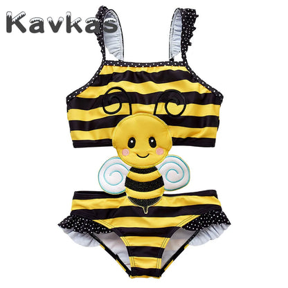 Kavkas 2025, traje de baño de verano para bebé, una pieza 1-8T, Animal de dibujos animados, bonito diseño de abeja, traje de baño elástico para niñas, ropa de playa para bebés