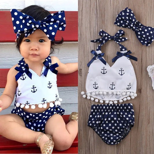 0-24m Baby Girls 3pcs Set Sleeveless Sling Polka Print Girls Tops Blue Polka Dot Shorts Outfits Headband Baby Girls Clothes Set