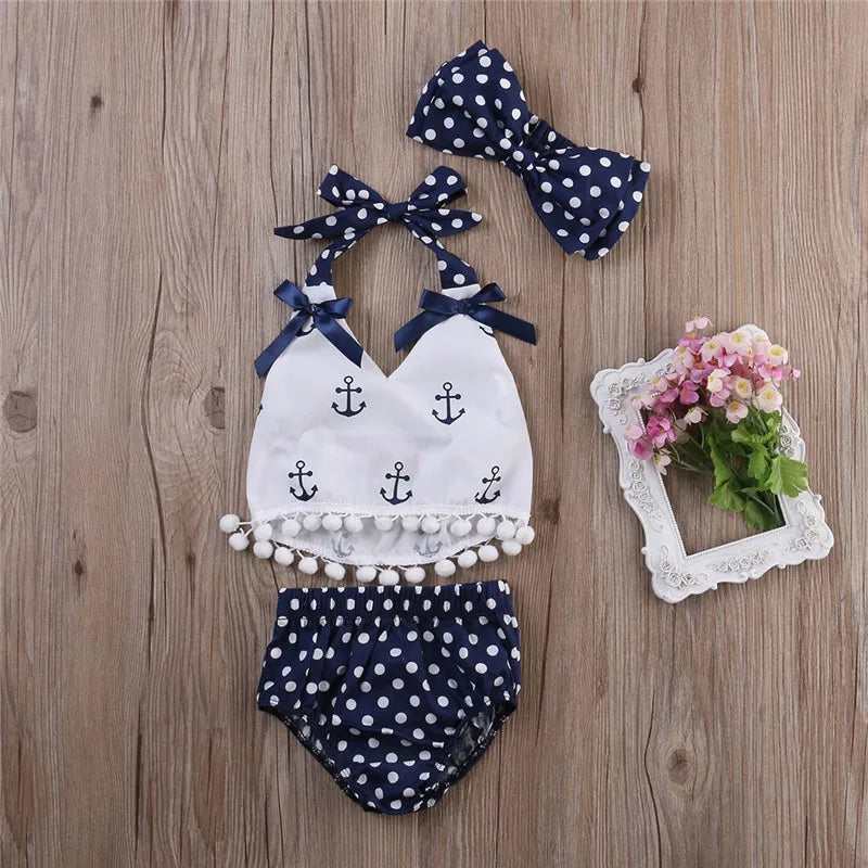 0-24m Baby Girls 3pcs Set Sleeveless Sling Polka Print Girls Tops Blue Polka Dot Shorts Outfits Headband Baby Girls Clothes Set