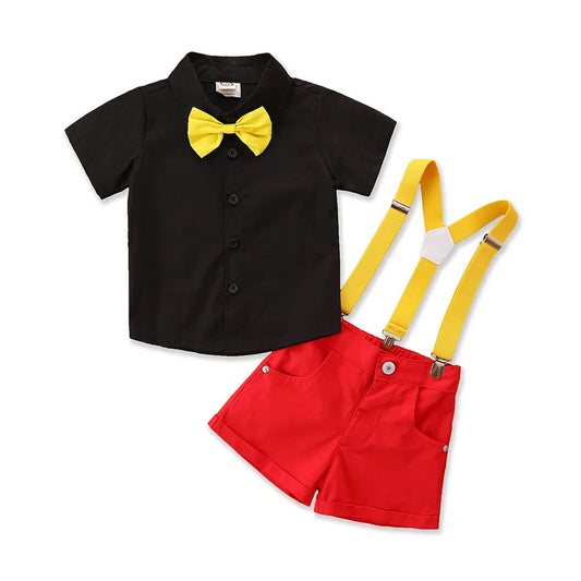 Trajes de caballero para bebés y niños pequeños, camisa de solapa con pajarita de manga corta de verano + conjunto de pantalones cortos con pechera 9M-5T