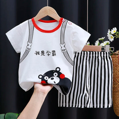 Conjunto de ropa para niños, camiseta para bebé (niña + Pantalones cortos, ropa de verano, chándal informal de algodón con dibujos animados para niños, conjunto de ropa para bebés