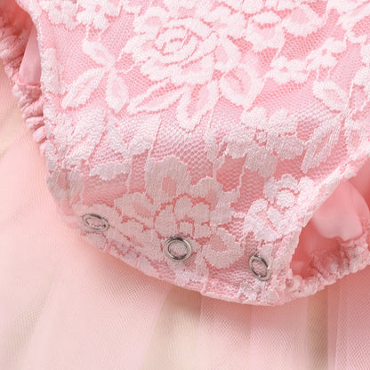 Vestido mameluco de cumpleaños para niñas pequeñas con costuras de malla, monos de encaje florales con estampado de una letra, disfraz de princesa de verano
