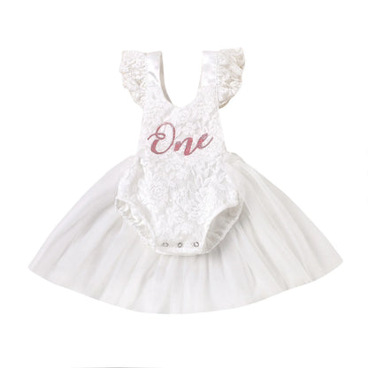 Vestido mameluco de cumpleaños para niñas pequeñas con costuras de malla, monos de encaje florales con estampado de una letra, disfraz de princesa de verano