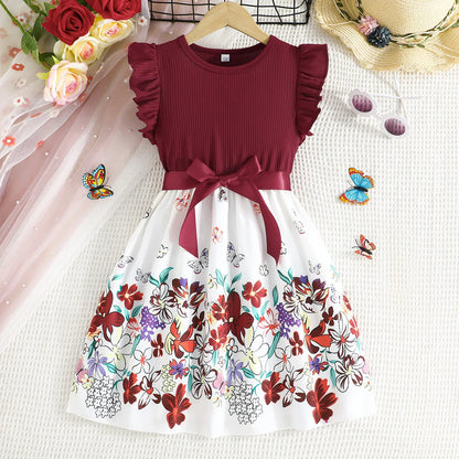 2025 nuevo vestido informal de estilo coreano de verano con bonito lazo estampado para niñas, ropa de fiesta de cumpleaños para niñas de 2 a 10 años