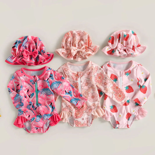 Traje de baño de manga larga para bebé y niña pequeña, Bañador con estampado de fresas y sombrero para el sol, 6M-3T