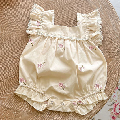 Mono para niñas recién nacidas, monos con bordado de flores de algodón y manga voladora, ropa para niñas pequeñas para verano
