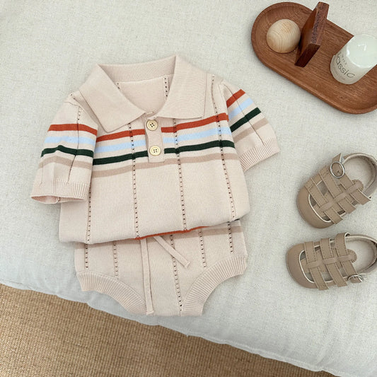Conjunto coreano de punto para bebé de verano para niños y niñas, Polo a rayas de colores finos a la moda, mangas cortas, pantalones cortos versátiles