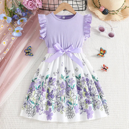 2025 nuevo vestido informal de estilo coreano de verano con bonito lazo estampado para niñas, ropa de fiesta de cumpleaños para niñas de 2 a 10 años
