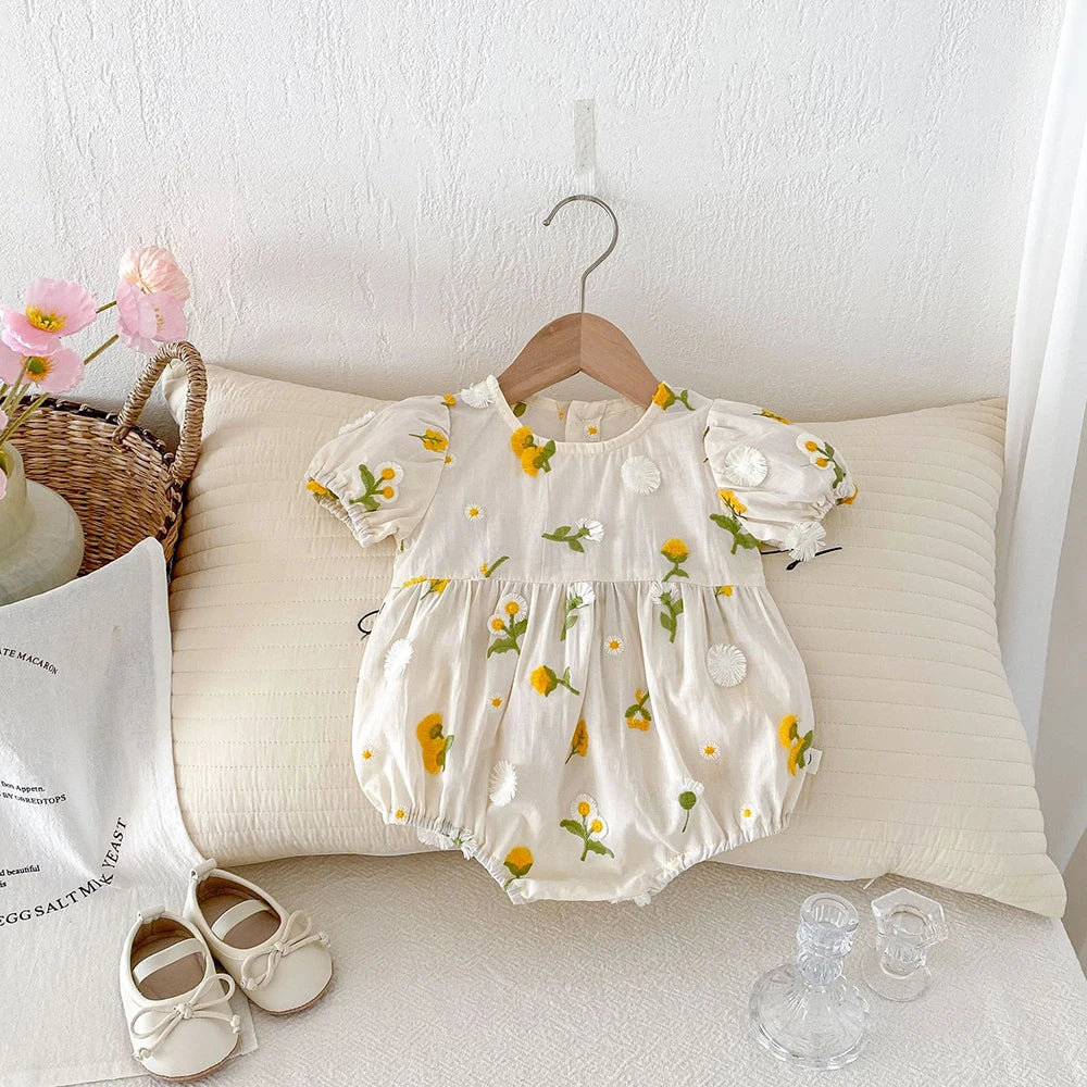 Pastoral niñas bebé bordado Floral mameluco de manga corta girasol mono infantil niño recién nacido ropa de bebé de una pieza