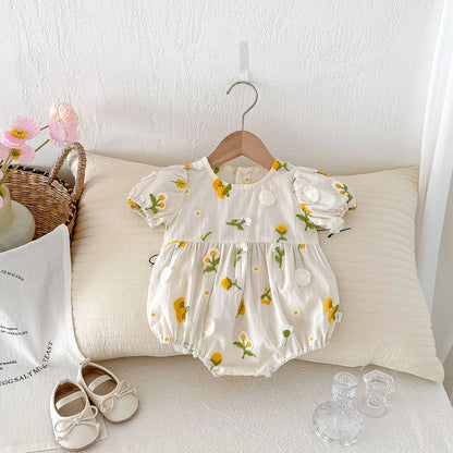 Pastoral niñas bebé bordado Floral mameluco de manga corta girasol mono infantil niño recién nacido ropa de bebé de una pieza