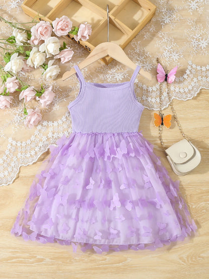 Ropa de verano para niños y niñas, vestido camisola empalmado de malla con decoración de mariposas para bebés, vestido elegante de princesa sin mangas