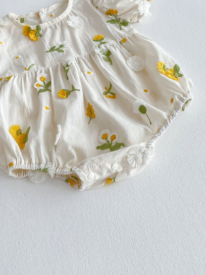 Pastoral niñas bebé bordado Floral mameluco de manga corta girasol mono infantil niño recién nacido ropa de bebé de una pieza