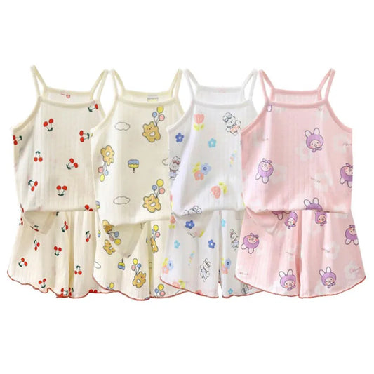 Camisola con tirantes y pantalones cortos para niña, conjunto de 2 piezas de algodón suave, pijama con estampado de dibujos animados, moda de verano, ropa informal para el hogar