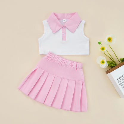 Conjunto de ropa de verano para niñas pequeñas, camiseta sin mangas con botones de solapa de retazos y Falda plisada, 2 a 7 años