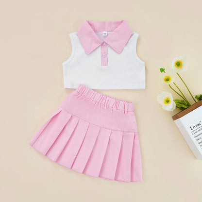 Conjunto de ropa de verano para niñas pequeñas, camiseta sin mangas con botones de solapa de retazos y Falda plisada, 2 a 7 años