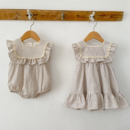 Ropa de moda para niñas de 0 a 6 años, vestido de encaje a rayas, novedad de verano, pelele para niñas, traje a juego para hermanas, vestidos de princesa