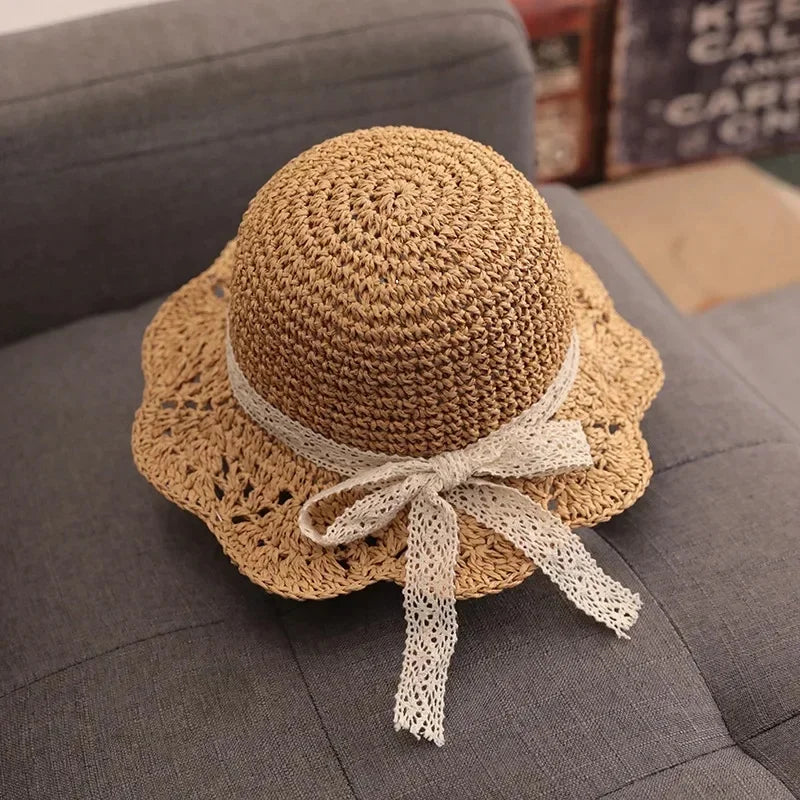 Sombrero de encaje a la moda para bebé, gorro de paja con lazo para niña, sombrero de playa para niño, sombrero de Panamá, sombreros y gorras de princesa para bebé, 1 unidad