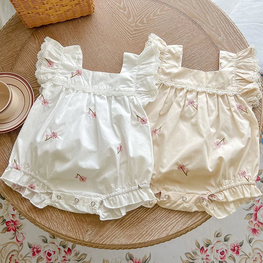 Mono para niñas recién nacidas, monos con bordado de flores de algodón y manga voladora, ropa para niñas pequeñas para verano