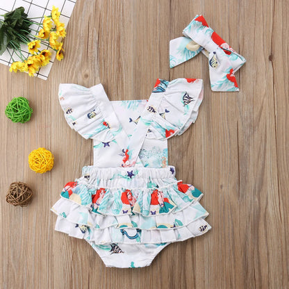 Pelele de verano para niñas recién nacidas con diadema, mono con estampado de sirena y manga con volantes y espalda descubierta, ropa de moda para bebés