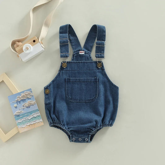 Ropa de verano para bebés, pelele vaquero para bebés, mono sin mangas con cierre de botón sólido, mono general
