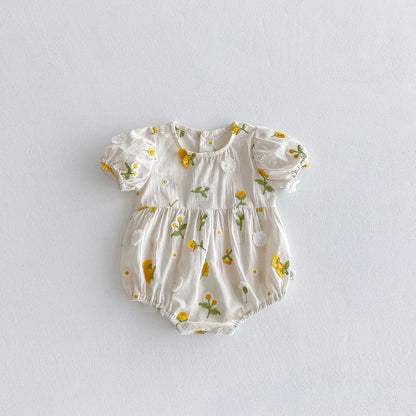 Pastoral niñas bebé bordado Floral mameluco de manga corta girasol mono infantil niño recién nacido ropa de bebé de una pieza