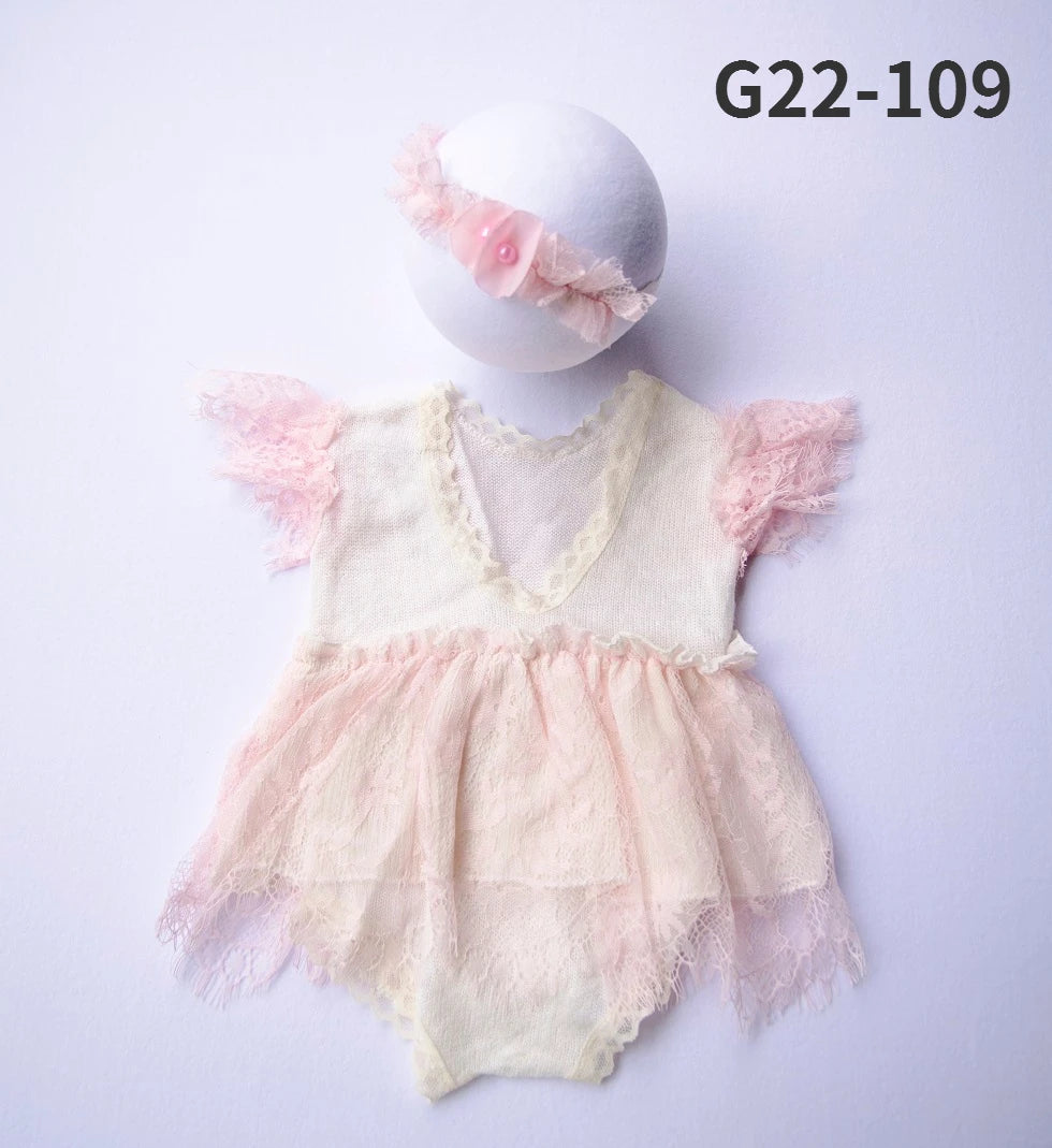 0-3Month Baby Newborn Photography Props Baby Hat Baby Girl Lace Romper Bodysuits Outfit  Photography Clothing